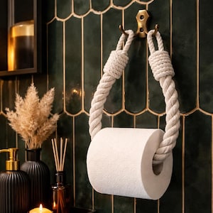 Toilet Paper Holder. Bathroom Accessories. Nautical Style. White Rope and Hook. Rustic Decor