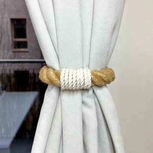 Curtain holdback..Jute curtain tie with white decor - handmade, Velcro fastening
