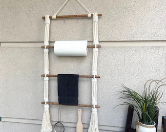 Keukenopbergerrek – katoenen touw en houder donker hout – handdoek- en keukengereihanger