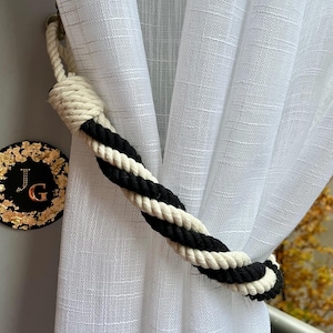Curtain holdback..Curtain Тieback..Tie for curtains made of white and black cotton rope - Stylish decor for your interior