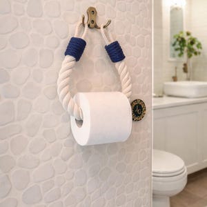 Toilet Paper Holder..White Cotton Rope and Metal Hook (choice of color)..Nautical Style..Rustic Decor..Towel Holder