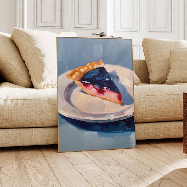 Blueberry Pie Slice Art Print - Peinture numérique pour les amateurs de desserts et décor de cuisine confortable