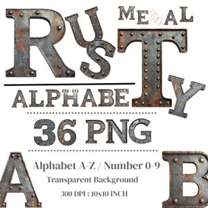 Rusty Alphabet 36 PNG Rustic Metal Alphabet Clipart PNG A-Z 0-9 Letters and Numbers Digital Download for Crafts