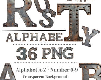 Alfabeto metálico rústico: Letras y números grunge de la A a la Z (descarga digital PNG)