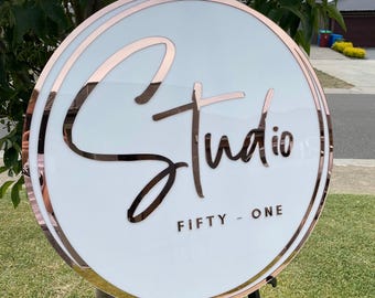 Custom Round Acrylic Business Logo Sign: Gold Mirror Accent