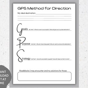 May include: A printable worksheet with the title "GPS Method for Direction". The worksheet is designed to help users set goals, identify their purpose, and develop a strategy to achieve their desired destination. It includes sections for defining the ideal destination, outlining goals, clarifying purpose, and developing a strategy. The worksheet also includes a section for identifying roadblocks and potential solutions.
