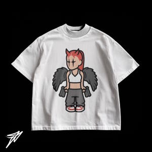Cartoon Girl With Wings Oversized T-Shirt | Streetwear Oversized Cartoon Character Graphic Design Tee | Y2K Cartoon Shirt