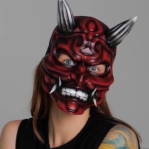 Japanese Oni Mask, red oni mask, wearable mask, tengu mask, kabuki mask, japanese demon mask, japanese theater, demon mask