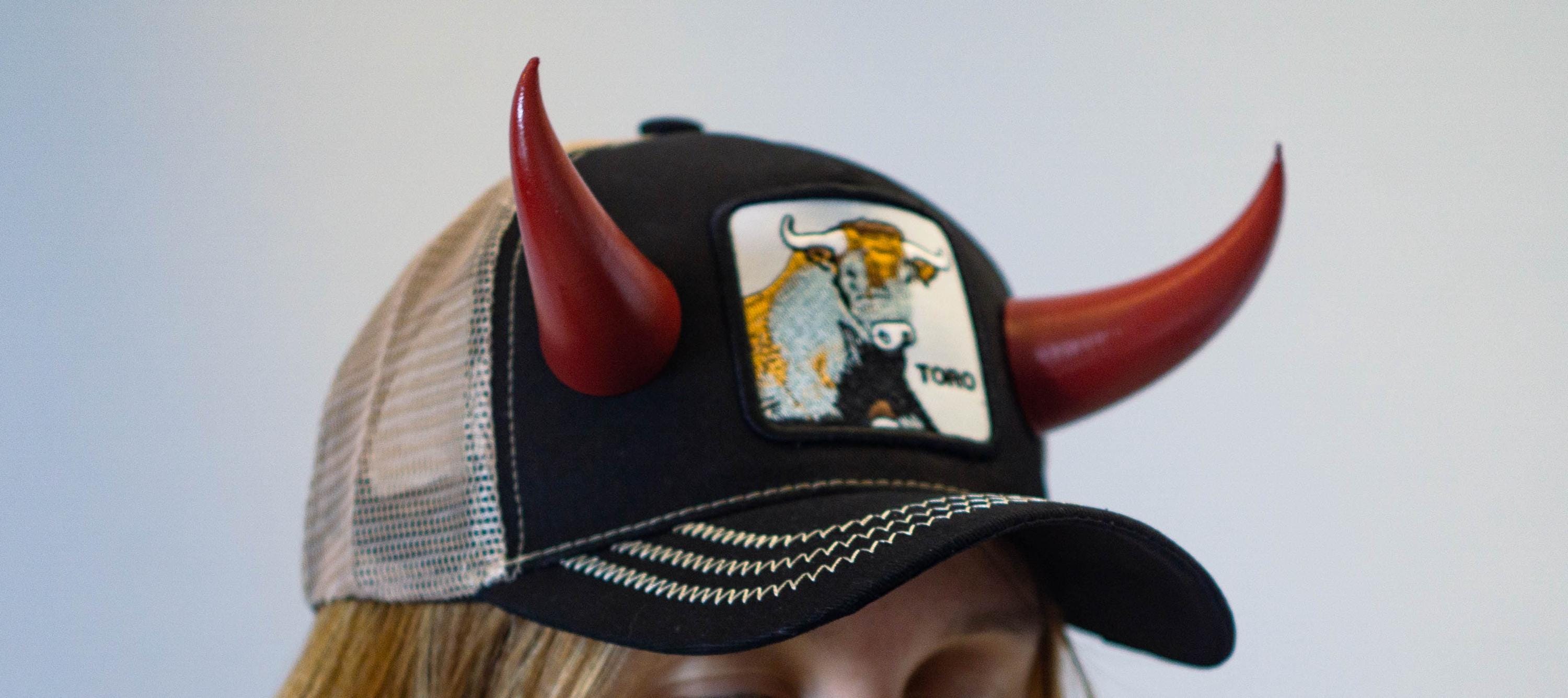 Baseball Cap With Devil Horns, With Black and Red Bull Horns for