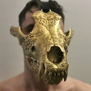 Golden Wolf Skull Mask, Pattern Mask, burning man mask, custom cosplay mask, cosplay face mask, shamanic mask, pagan mask, ritual mask