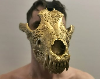 Máscara de calavera de lobo dorado, máscara estampada, máscara de hombre ardiente, máscara de cosplay personalizada, máscara facial de cosplay, máscara chamánica, máscara pagana, máscara ritual