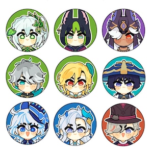 May include: Nine round buttons featuring cartoon characters with different hair colors, clothing, and expressions. The buttons are on a white background.