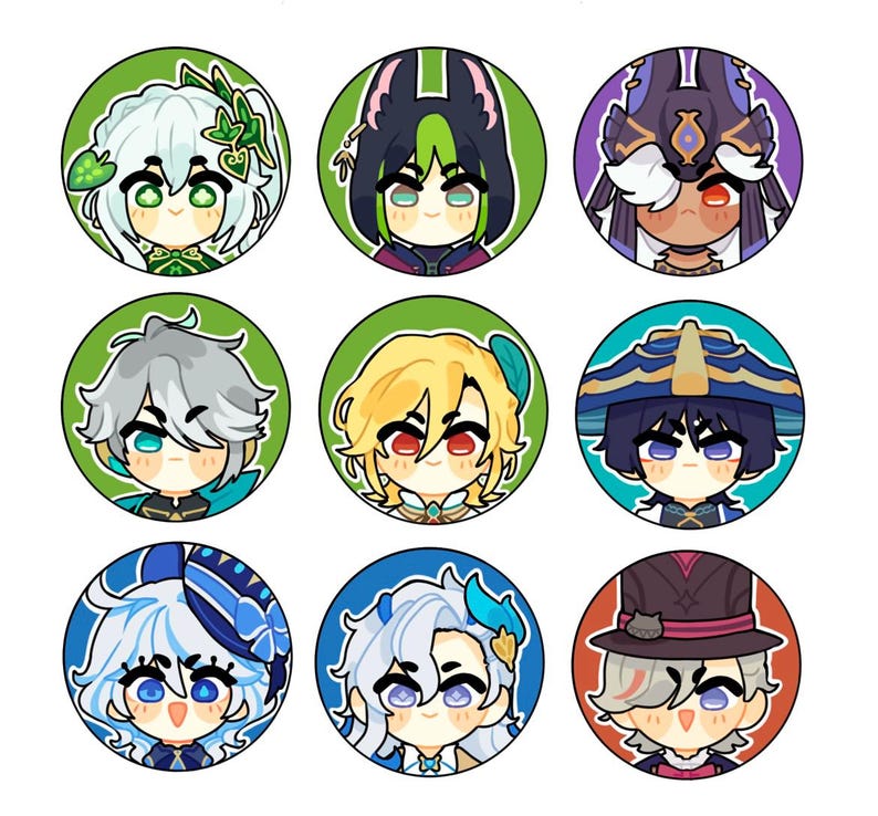 May include: Nine round buttons featuring cartoon characters with different hair colors, clothing, and expressions. The buttons are on a white background.