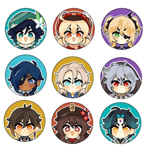 May include: Nine colorful round buttons featuring cartoon characters with different hairstyles and expressions. Each button has a white border.