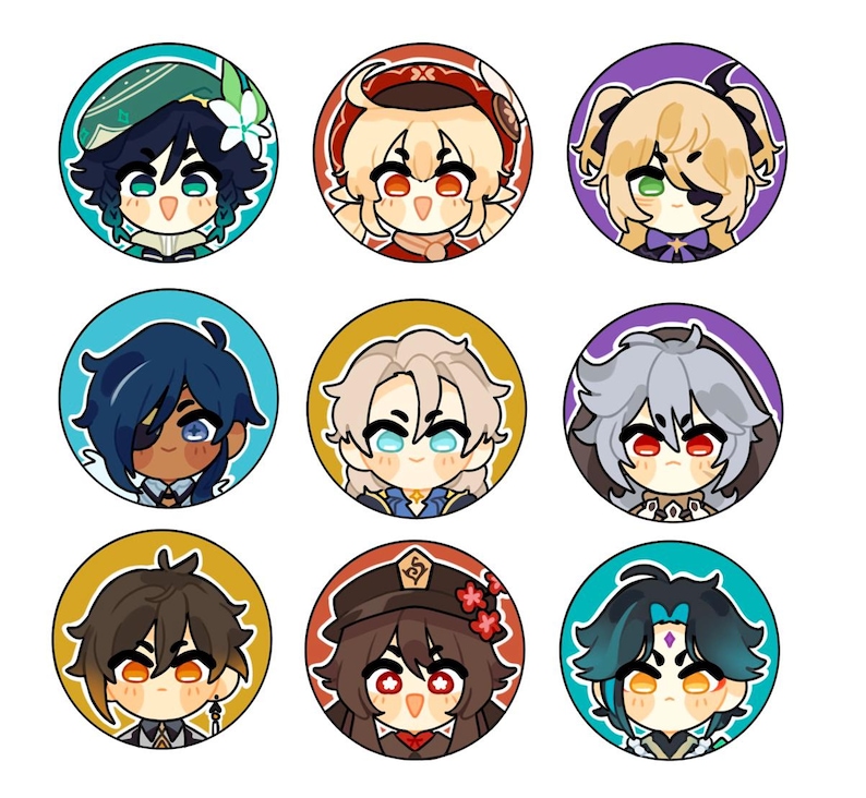 May include: Nine colorful round buttons featuring cartoon characters with different hairstyles and expressions. Each button has a white border.
