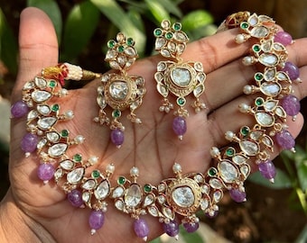 Indian Polki Necklace Earring Set: Rose gold finish Purple Bead Wedding CZ imitation Jewelry