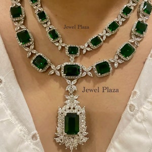 Doppelschicht Faux Smaragdgrün Diamant Hochzeit Halskette gesetzt American Diamond Schmuck CZ Zirkon indische traditionelle Nachahmung Mode