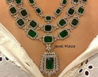 Layered Emerald Green CZ Diamond Necklace earrings statement Set, Indian Wedding Jewelry for party
