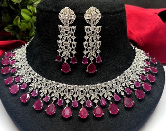 Ensemble de boucles d&#39;oreilles de haute qualité avec collier rose rubis et diamants CZ, pendentif pour mariée, tour de cou pour la mariée, boucles d&#39;oreilles pour collier de fête