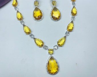 Yellow CZ Necklace Earrings Set: Party wedding pendant artificial Jewelry