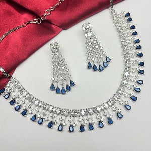 Blue CZ Diamond Necklace earrings Set: AD faux jewellery