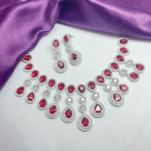 CZ Ruby pinkish red color fashion jewellery  Diamond Necklace Red Bridal Jewelry Set American Diamond Necklace Set CZ Sets Zircon gift