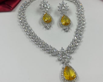 Yellow CZ Diamond Necklace and Earrings Set, Indian Jewelry