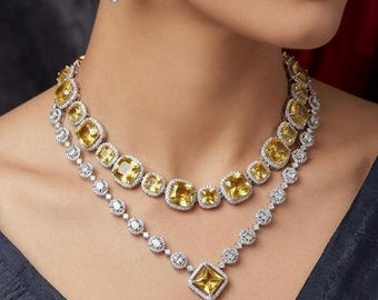 Yellow Crystal Layered Necklace Set, CZ Citrine Statement Choker, Bridal fashion Jewelry Gift
