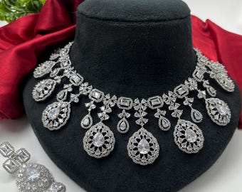 CZ Diamond Necklace earrings Set: Indian Bridal Jewelry, White Gold faux Plated