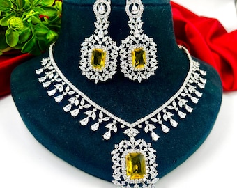 American diamond cz yellow pendant indian necklace  party jewelry set