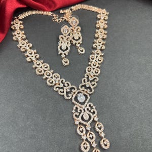 CZ Diamond Rose Gold Necklace and Earring Set: Indian Wedding Jewelry