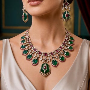 May include: A luxurious necklace and earring set featuring emerald and ruby gemstones. The necklace has a central pendant and a series of emerald drops. The earrings mirror the necklace design. The jewelry is set in a gold or platinum setting with diamond accents.