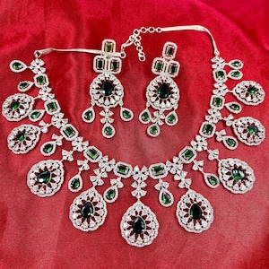 Green CZ Diamond High Quality Necklace set Indian Bridal jewellery Cz Diamond look alike Necklace earring AD jewellery wedding gift for her