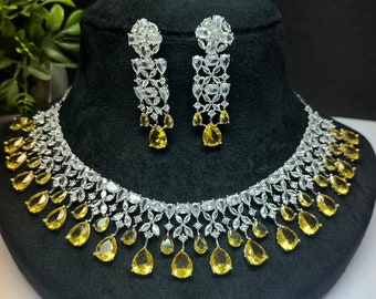 CZ Yellow Zircon Diamond Necklace Earring Set, Bridal Choker wedding imitation jewelry