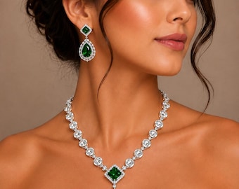 MANISHA Green CZ Necklace Indian Set | American Diamond Earrings, pendant Wedding American Jewelry