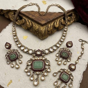 Green Doublet Kundan polki Choker Necklace Earrings Maang Tikka Set | Indian Bridal Jewelry image 13