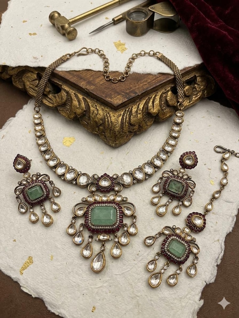 Green Doublet Kundan polki Choker Necklace Earrings Maang Tikka Set | Indian Bridal Jewelry image 13