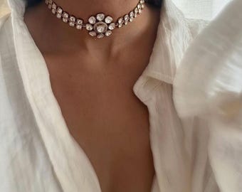 Indian Uncut polki choker necklace set kundan faux diamond necklace stud Rose golden finish jewellery party wear gift dual plating choker