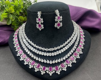 Ruby Pink CZ Layered Necklace & Earrings Set - Silver Plated