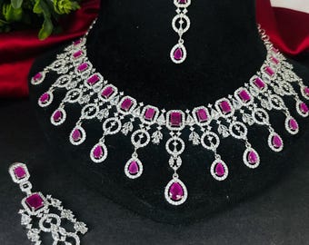 Conjunto de collar con circonita cúbica rosa rubí, joyería nupcial artificial American Diamond Tikka