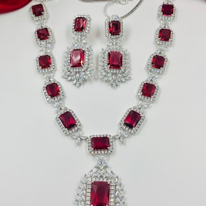 CZ Ruby Red Diamond wedding Necklace set American Diamond brass jewelery CZ zircon Indian traditional imitation fashion gift for her