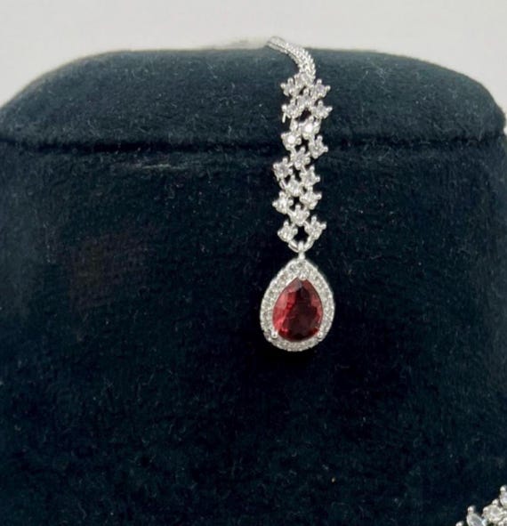 Silver Tone Maang Tikka Headpiece Cubic Zirconia Red Stone Indian Bridal Jewelry Silver Maang Tikka for Bride, Ruby Red CZ Headpiece, Indian  main image 4
