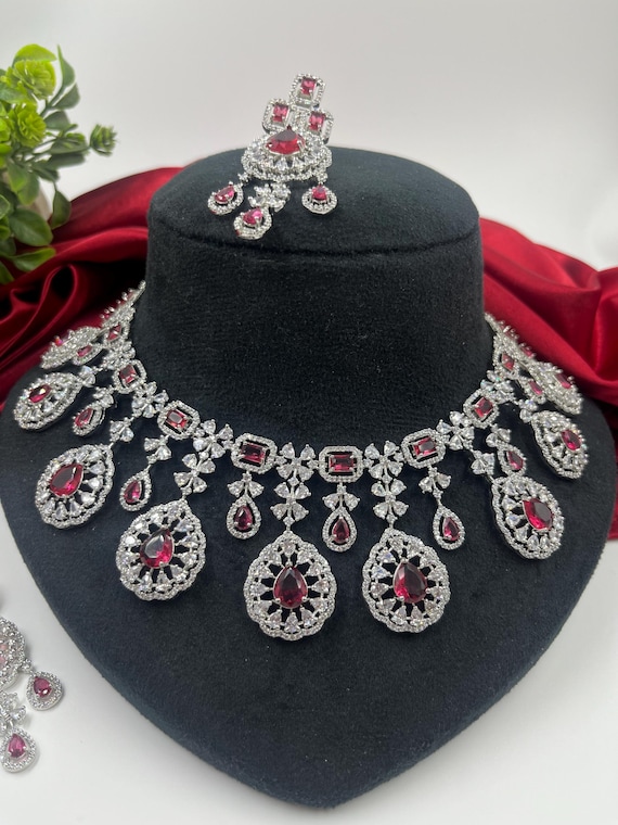 CZ Ruby Red Necklace Set: faux Indian Bridal imitation Jewelry