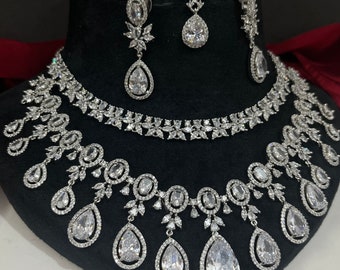 Beautiful layer CZ white Diamond wedding Necklace earrings tikka set American Diamond jewellery zircon Indian imitation fashion gift for her