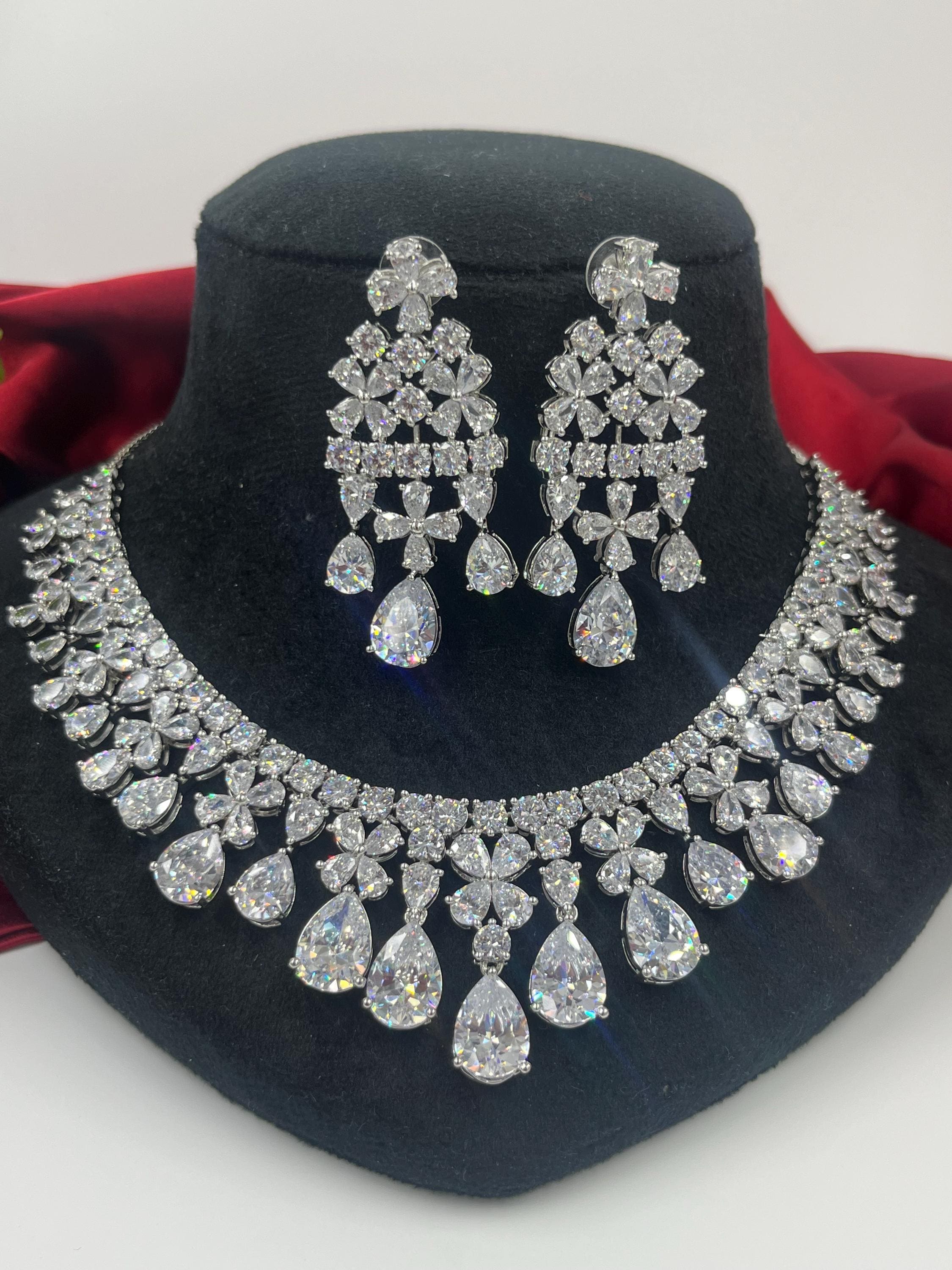 Beautiful American Diamond High Quality Necklace set, Indian Bridal jewellery Cz Diamond look alike Necklace and earrings AD jewellery