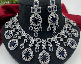 CZ Blue Diamond Necklace earrings Set,  Bridal party fashion American diamond imitation Jewelry