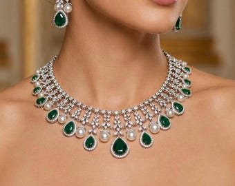 Emerald Green Bridal Necklace Set with Earrings, CZ Pearl Wedding Jewelry Gift