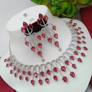 Ruby Red CZ Necklace Set: Rhodium Plated Zircon Jewelry