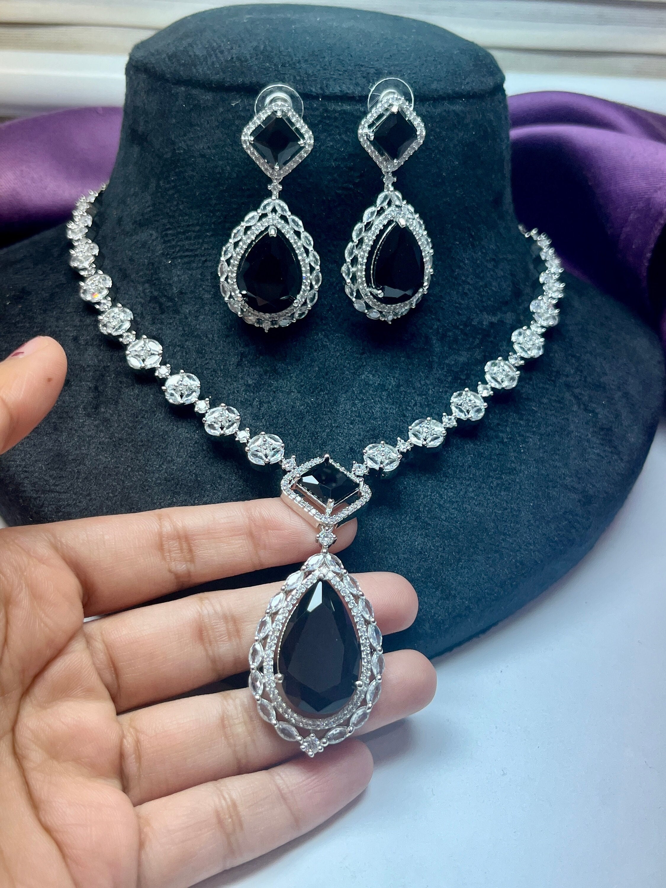 MANISHA Black CZ Pendant Necklace Earring Set | Teardrop Fashion