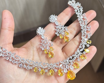 CZ Yellow Necklace earring set | Diamond minimal fashion artificial party jewelry for gift